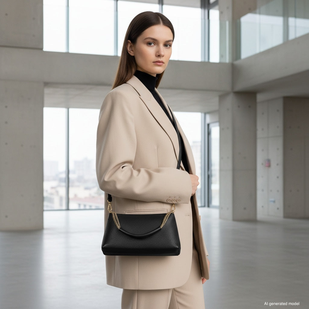 A woman in a beige suit stands in a modern, spacious building with large windows. She carries a genuine leather crossbody handbag with a gold chain strap over her shoulder, looking confidently at the camera.