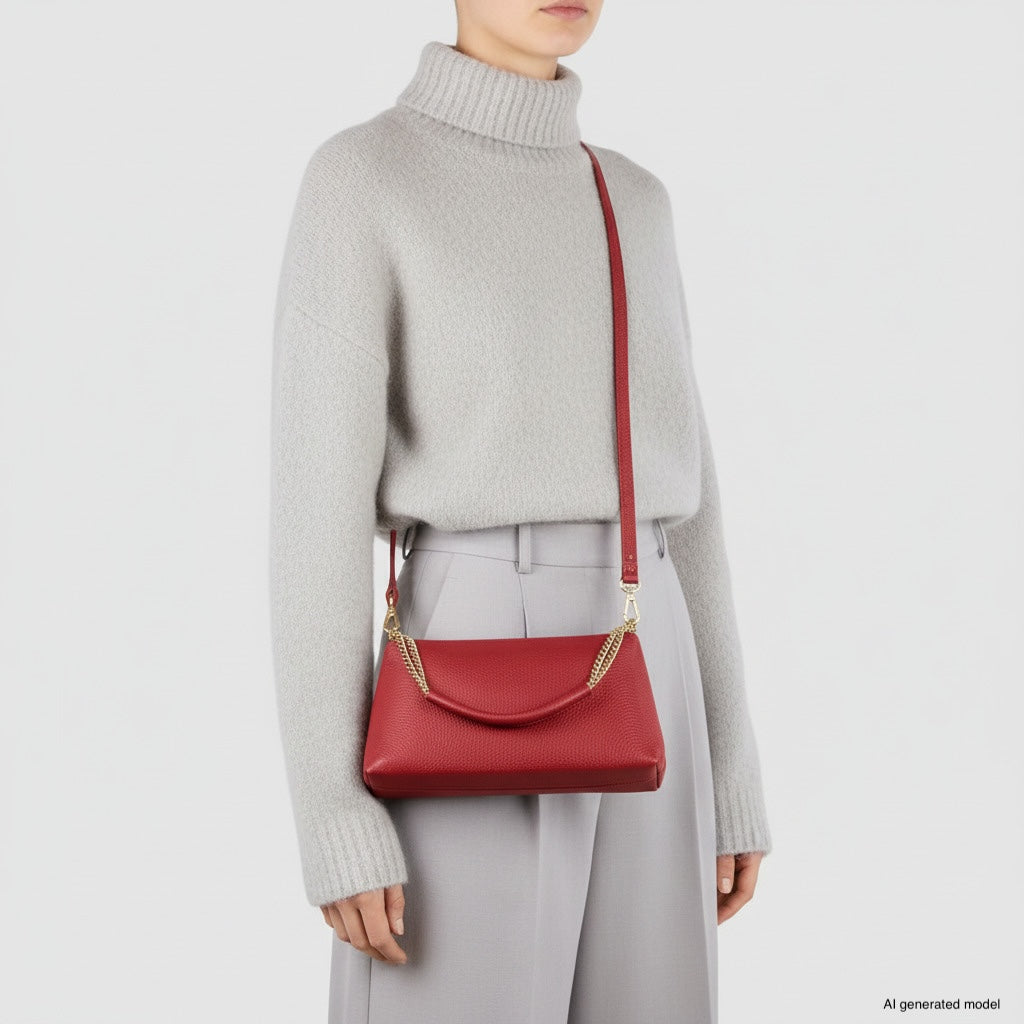 Person wearing a light gray turtleneck sweater and gray high-waisted pants, carrying a small genuine leather crossbody handbag with gold hardware. The background is plain white.