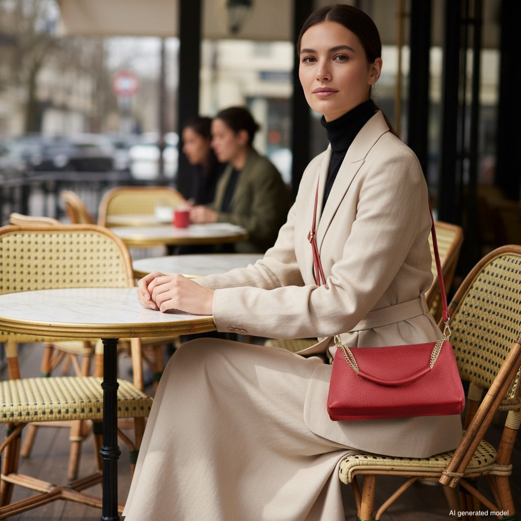 A woman in a beige suit with a genuine leather crossbody handbag in red sits at a café table outdoors. She looks at the camera, while other people are seated in the background. The scene appears calm and stylish.