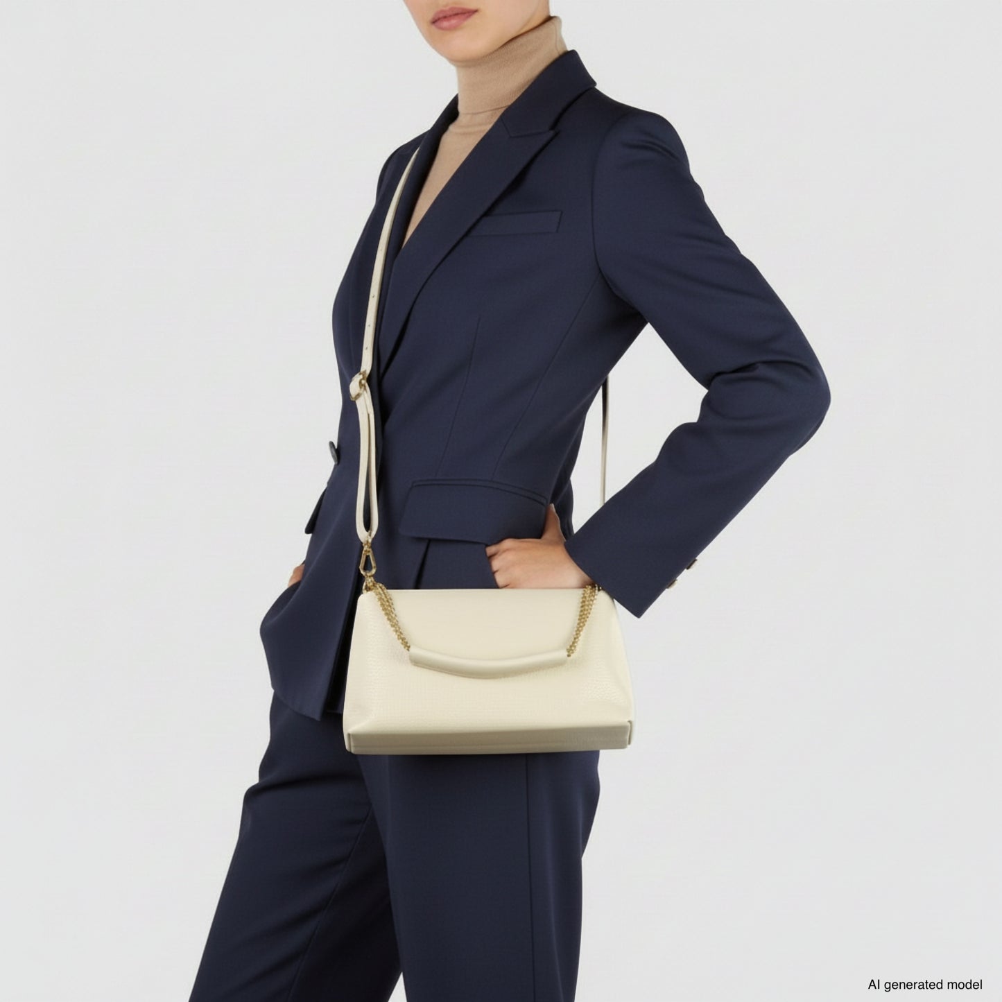 A person in a navy blue suit and beige turtleneck carries a cream-colored genuine leather crossbody handbag with a gold chain strap, showcasing Italian craftsmanship, standing against a plain white background. The face is partially out of view.