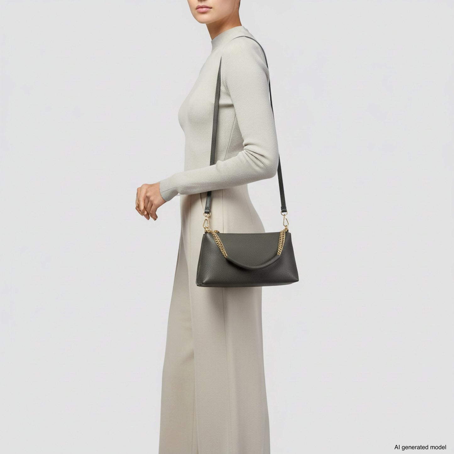 A woman in a fitted, long-sleeve, light beige outfit stands sideways, carrying a genuine leather crossbody handbag with gold chain detail against a plain light background.