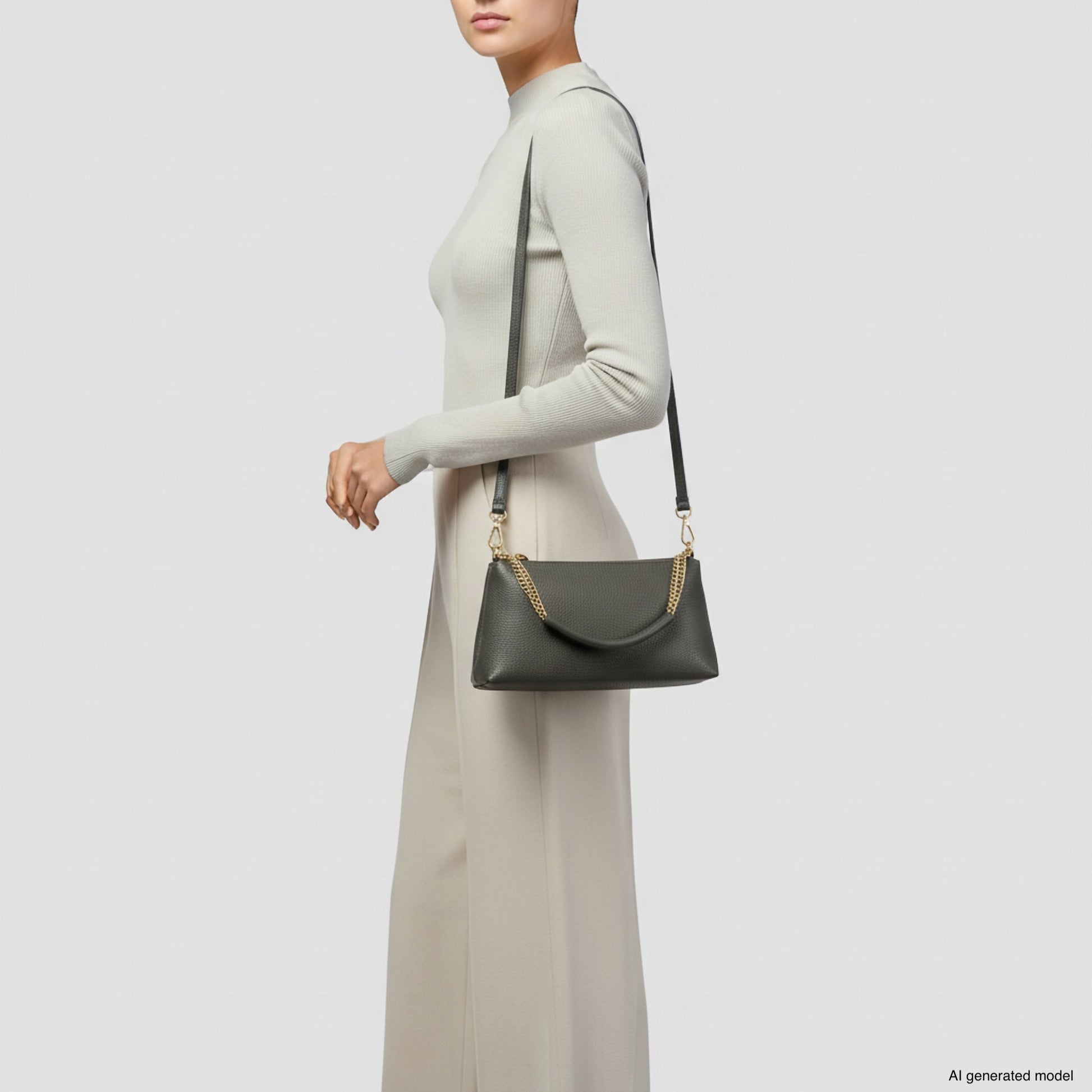 A woman in a fitted, long-sleeve, light beige outfit stands sideways, carrying a genuine leather crossbody handbag with gold chain detail against a plain light background.