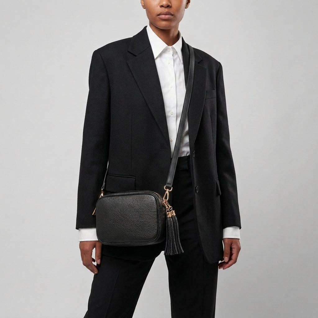 A person wearing a black suit and white shirt stands against a plain background, carrying a women’s crossbody bag handcrafted in Italy from luxurious Italian calf leather, featuring a stylish tassel accent.