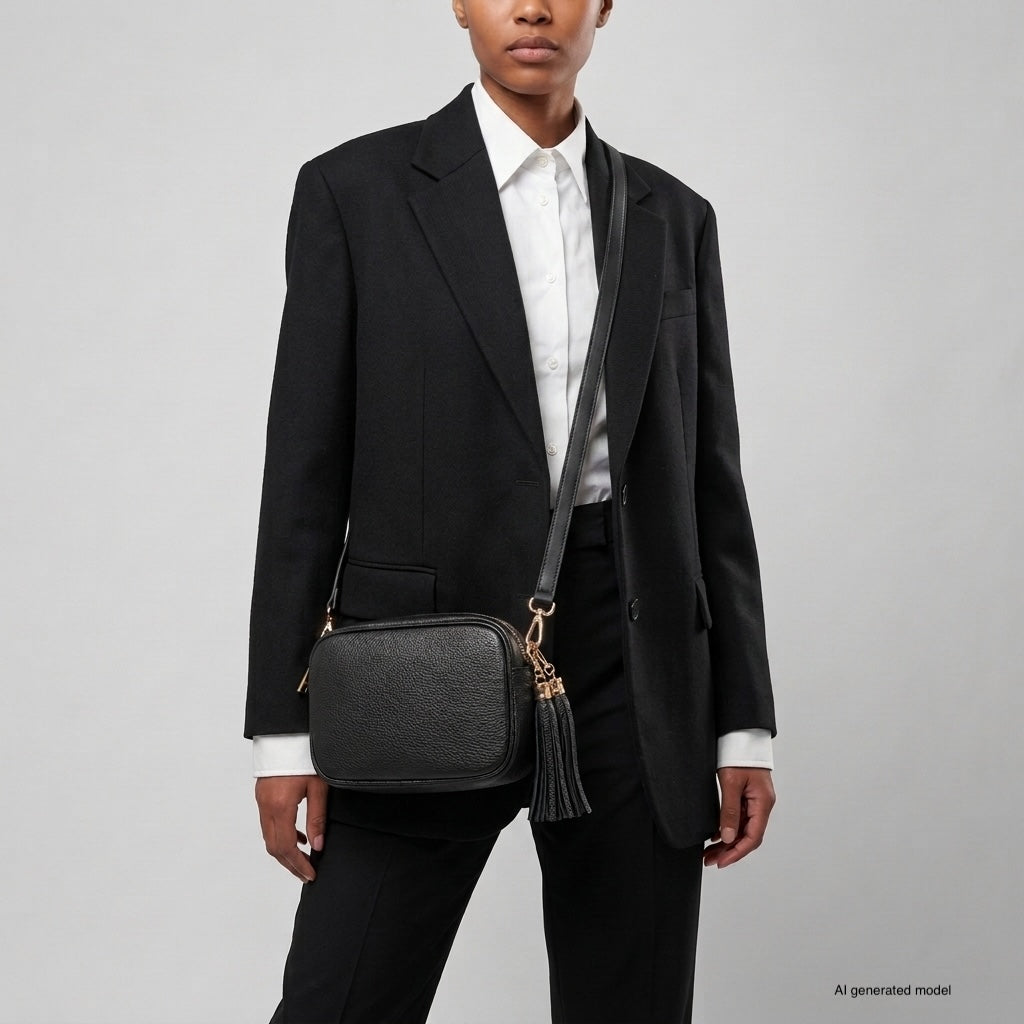 A person wearing a black suit and white shirt stands against a plain background, holding an Italian leather crossbody bag with a tassel. The handcrafted women’s bag hangs at hip level, and the model is shown from shoulders to mid-thigh.