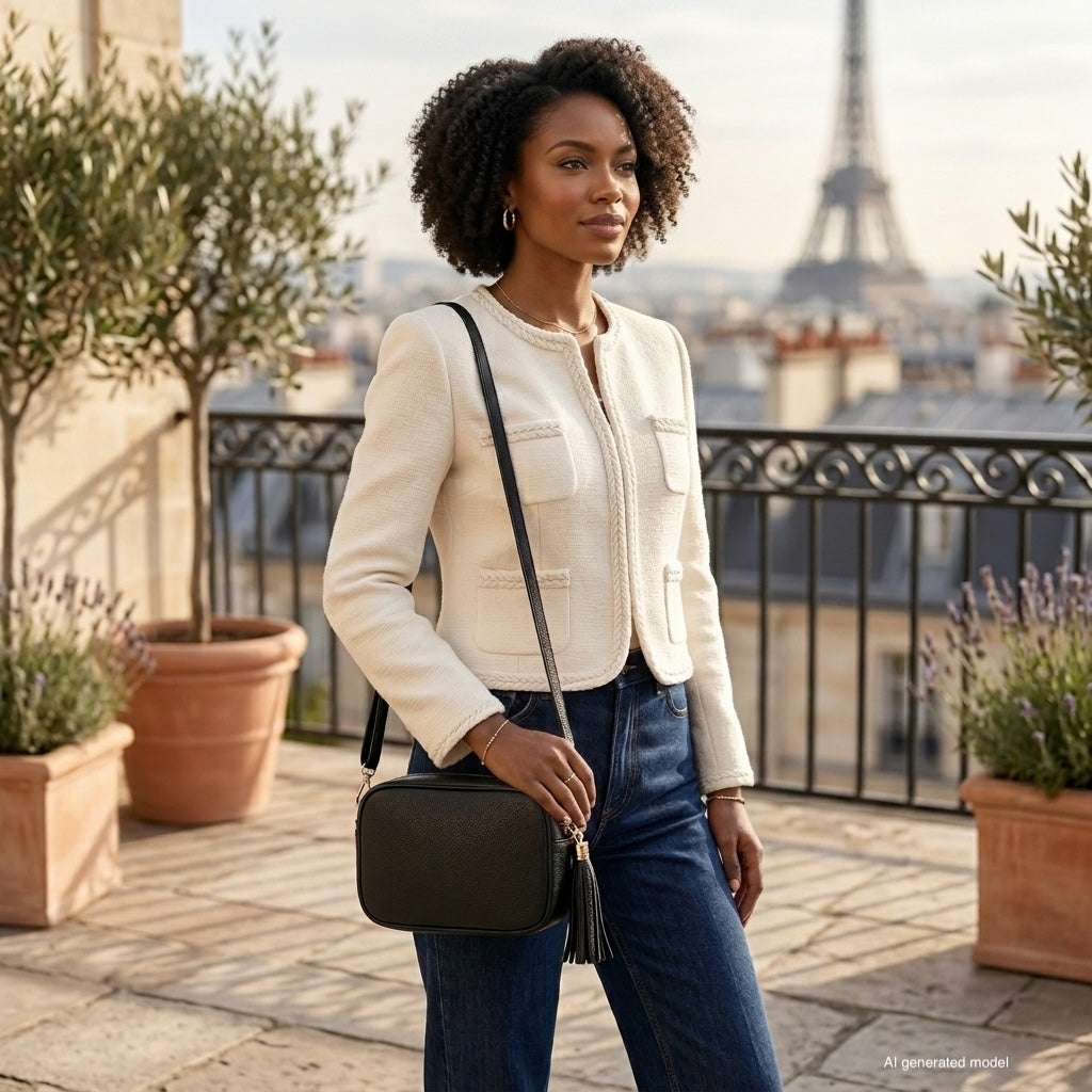 A woman stands on a terrace with potted plants, wearing a cream jacket and jeans, holding a handcrafted women’s bag. The Eiffel Tower and Parisian rooftops are visible in the background on a sunny day.