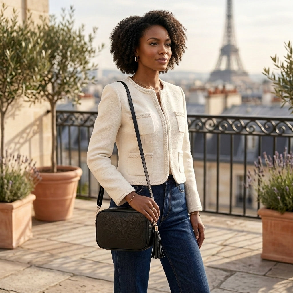A stylish woman with curly hair stands on a terrace with potted plants, wearing a cream jacket and jeans, holding a women’s crossbody bag handcrafted in Italy. The Eiffel Tower rises in the background beneath a partly cloudy sky.
