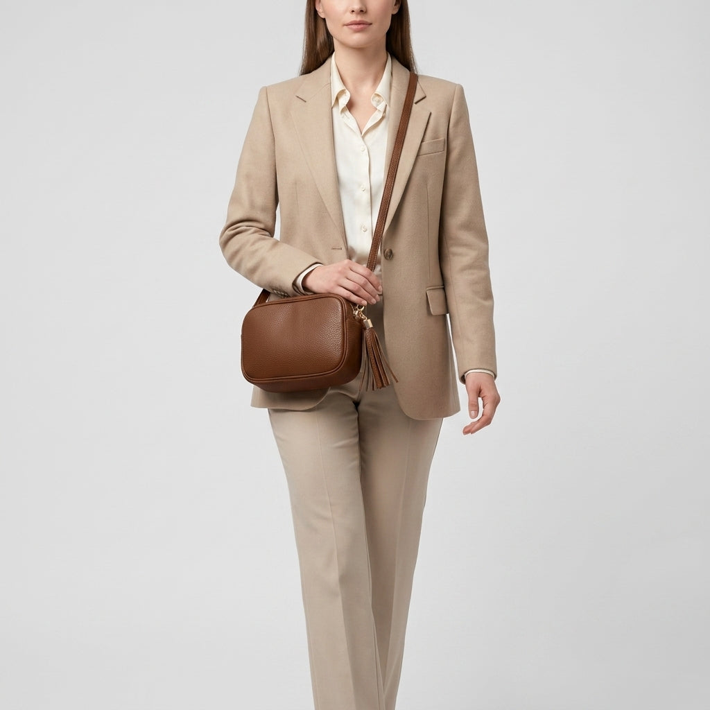 A woman wearing a beige suit and cream blouse carries a brown women’s crossbody bag, handcrafted in Italy from fine Italian calf leather, standing against a plain light gray background.