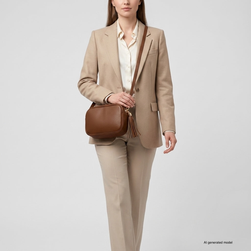 A woman in a beige suit and cream blouse stands against a light grey background, holding an Italian leather crossbody bag. The image is minimal and professional.