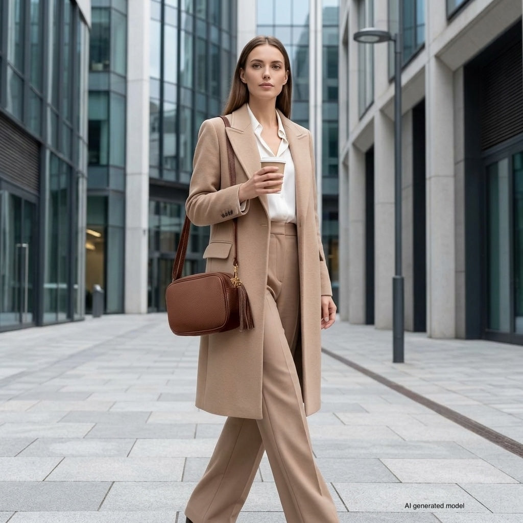 A woman in a tan coat and matching trousers walks confidently down a modern city street, holding a coffee cup and carrying an Italian leather crossbody bag. Tall glass buildings line the path.
