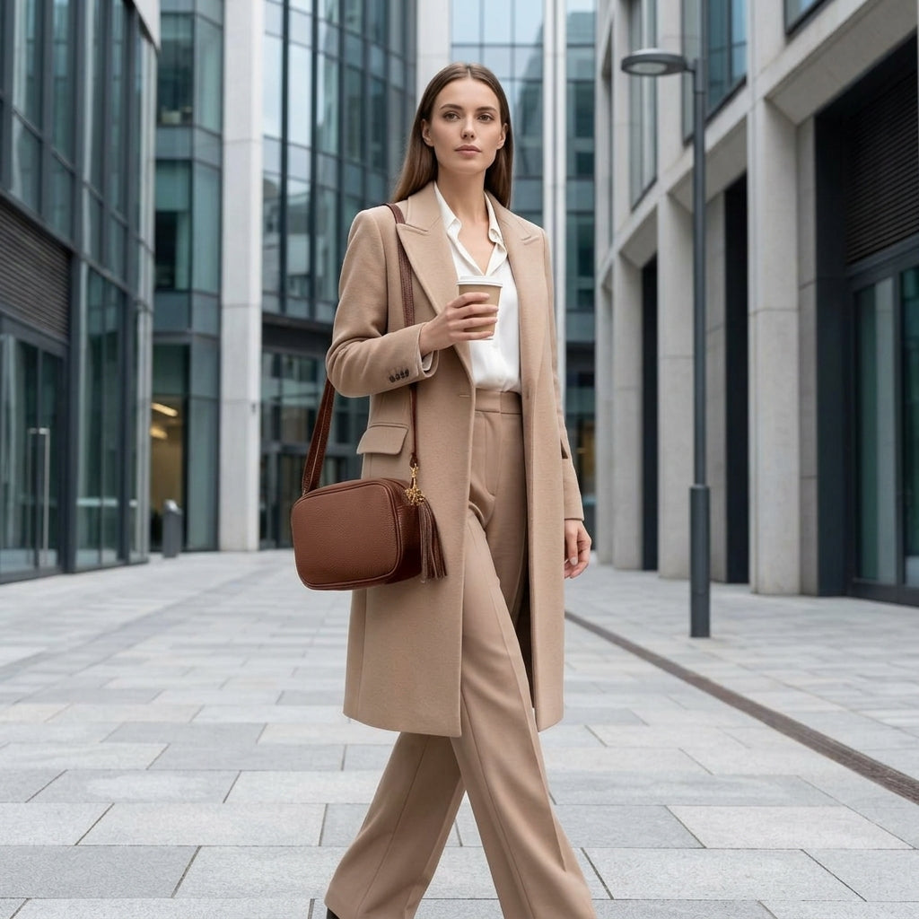 A woman in a beige coat and matching trousers walks confidently through a modern cityscape, holding a coffee cup and an elegant women’s crossbody bag, handcrafted in Italy from luxurious Italian calf leather, surrounded by glass office buildings.
