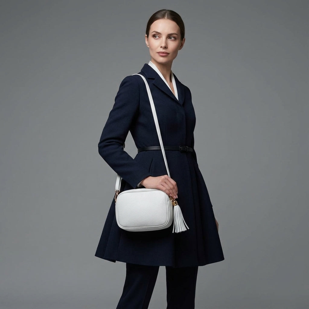 A woman wearing a dark navy coat and matching pants poses against a gray background, holding a women’s crossbody bag handcrafted in Italy from Italian calf leather. She looks to the side with a neutral expression.