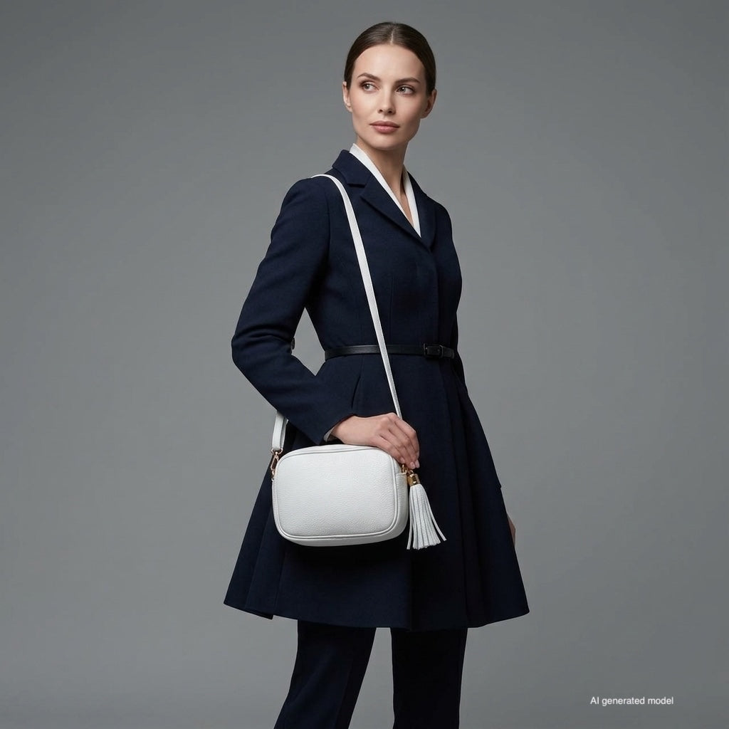 A woman in a tailored navy coat stands against a gray background, holding a handcrafted women’s bag with a tassel. She looks slightly to the side with a composed expression.