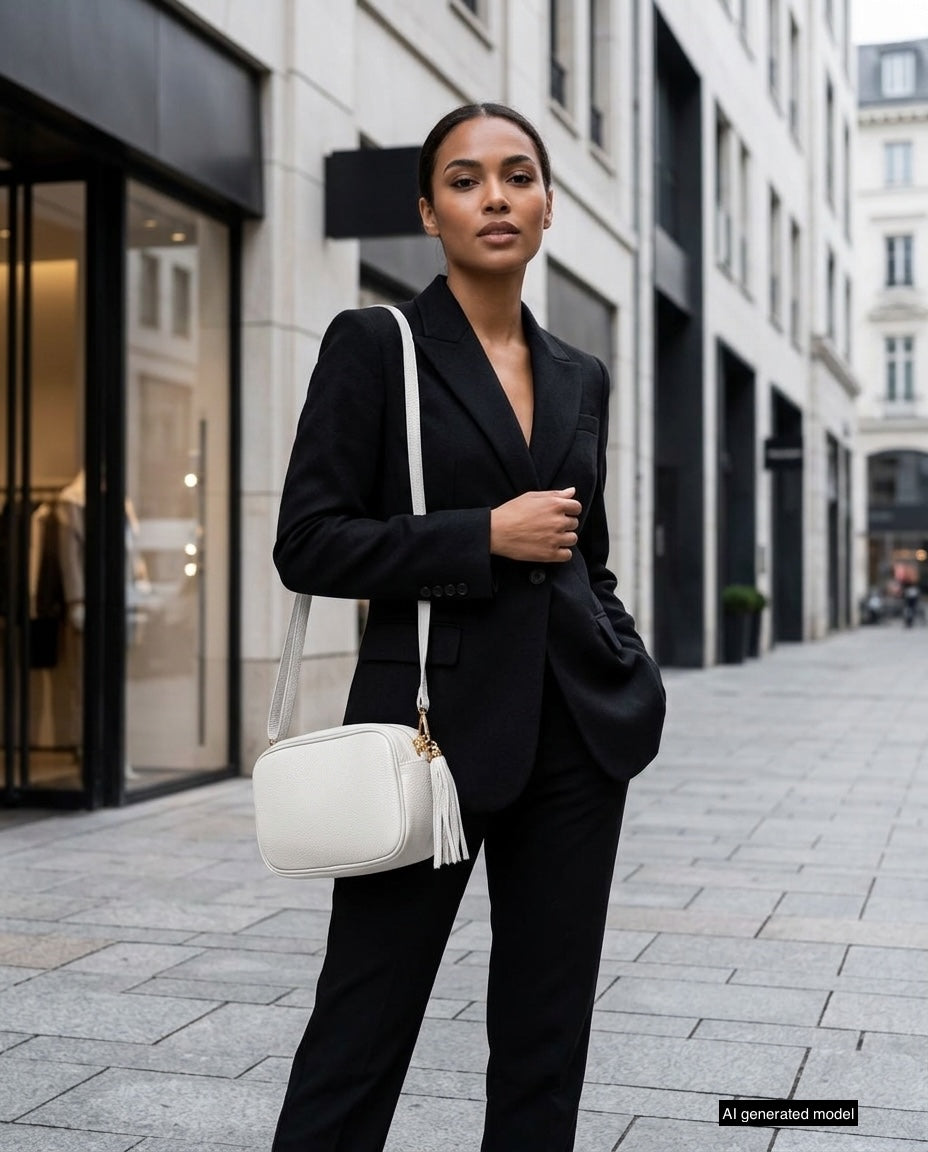 A woman in a black suit stands confidently on a city street, holding a handcrafted women’s bag. She poses with one hand in her pocket and the other on her blazer, with modern buildings lining the background.