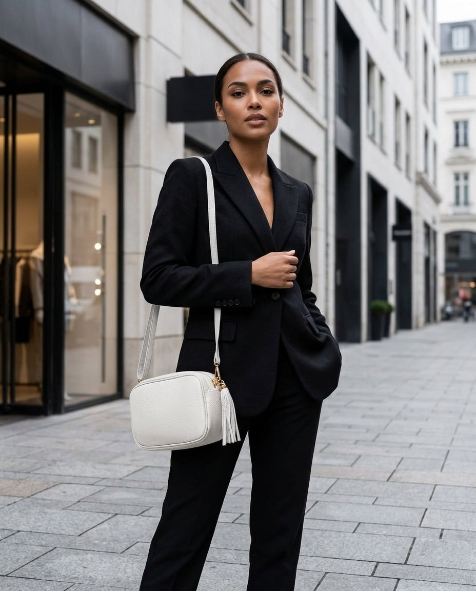 A woman in a black suit stands confidently on a city street with her hand in her pocket, carrying a women’s crossbody bag handcrafted in Italy. The street is lined with modern buildings and shops.