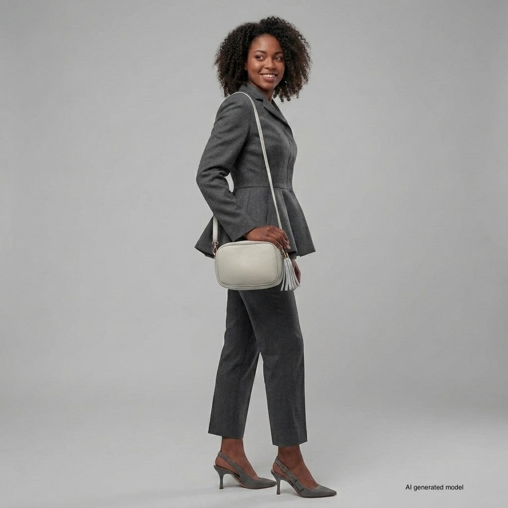 A woman in a gray pantsuit and heels stands smiling, holding a handcrafted women’s bag. She poses confidently against a plain, light gray background, her style elevated by the elegant accessory on her shoulder.