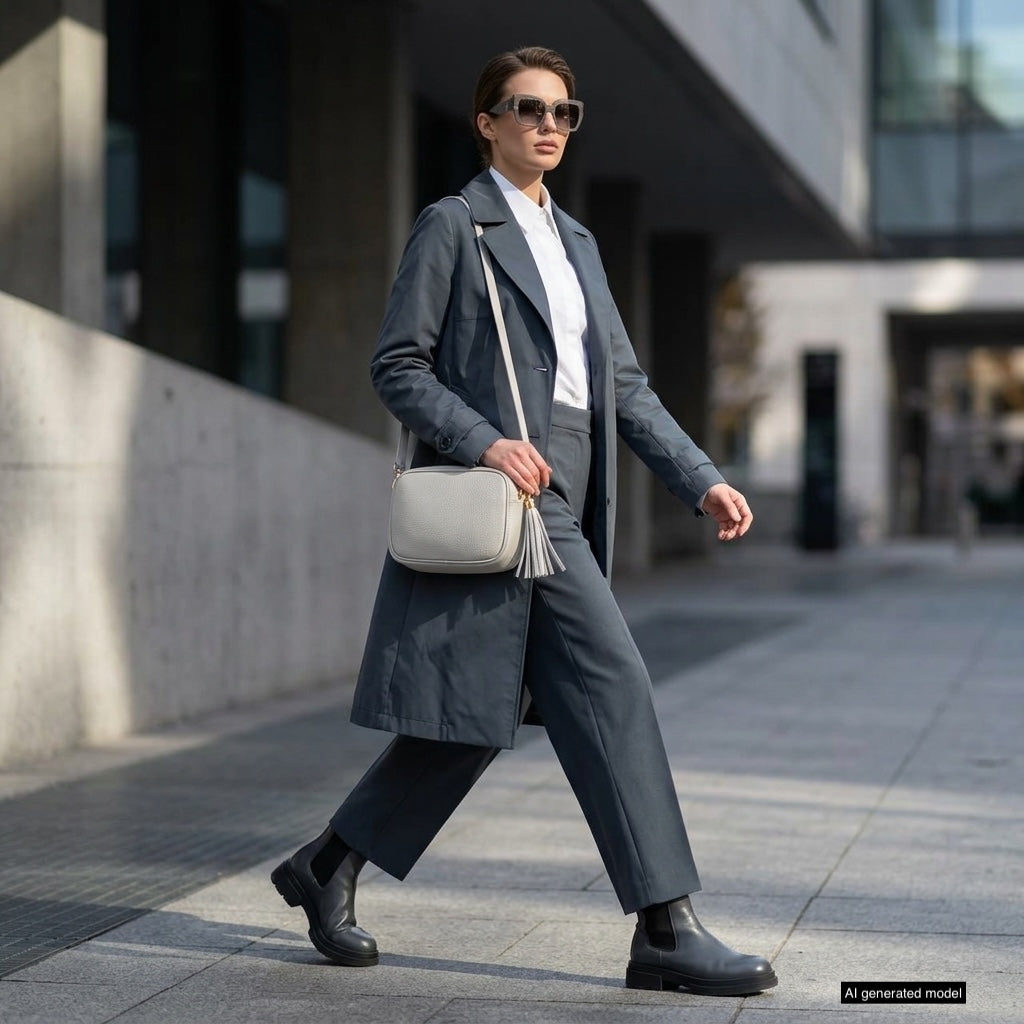 A stylish woman in sunglasses, a long dark coat, white shirt, and ankle boots walks confidently down a city sidewalk, carrying an elegant Italian leather crossbody bag.