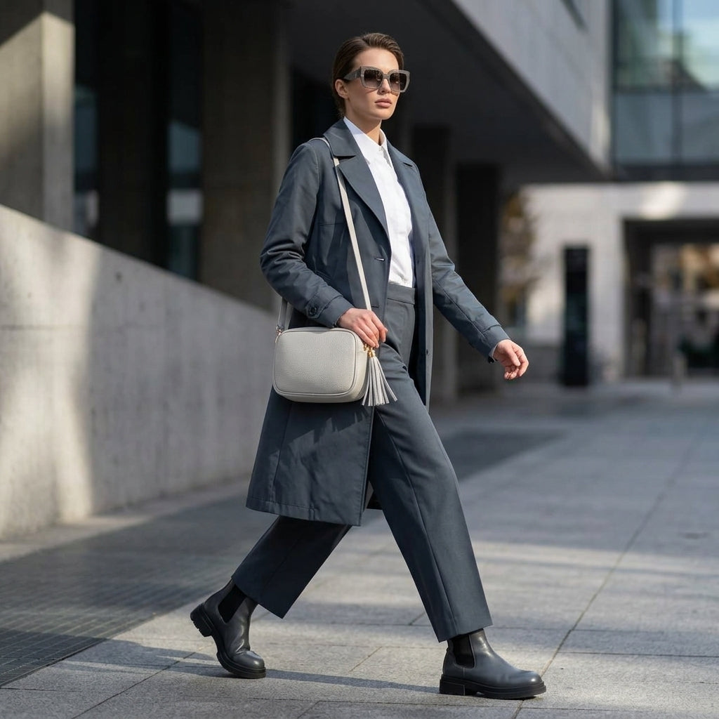 A woman in a gray suit and long coat walks confidently outdoors, wearing sunglasses and black boots, and carrying a women’s crossbody bag handcrafted in Italy. The background features modern buildings and a sidewalk.