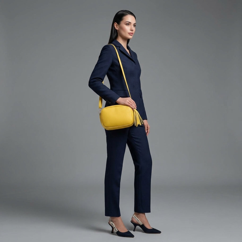 A woman in a navy blue pantsuit and heels stands against a plain gray background, holding a women’s crossbody bag handcrafted in Italy, with a vibrant yellow hue slung elegantly over her shoulder.