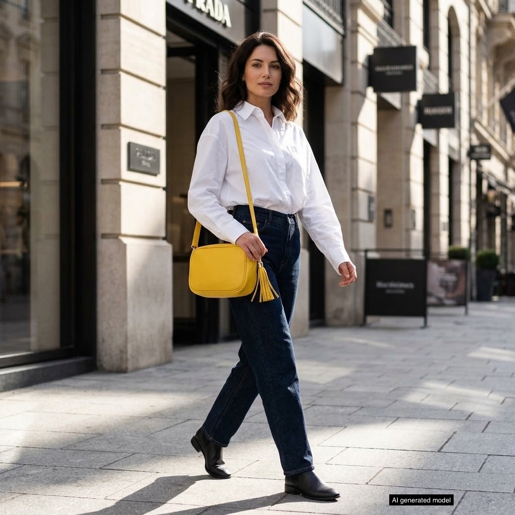 A woman in a white shirt, blue jeans, and black boots walks on a city sidewalk, carrying a handcrafted women’s bag. She has shoulder-length brown hair and is passing by upscale shops.