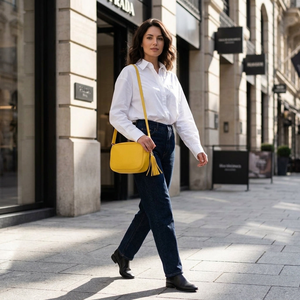 A woman wearing a white shirt, blue jeans, and black shoes walks on a city sidewalk, carrying a bright yellow women's crossbody bag handcrafted in Italy. Storefronts and buildings line the street in the background.