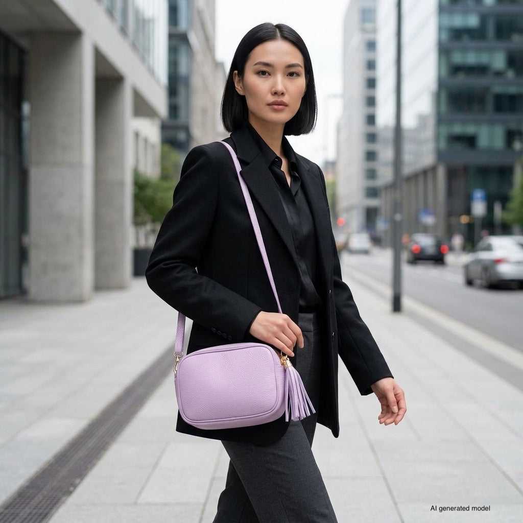 A woman with a sleek bob haircut, wearing a black blazer and gray pants, walks outside in a modern city. She carries an Italian leather crossbody bag in light purple and looks confidently at the camera.