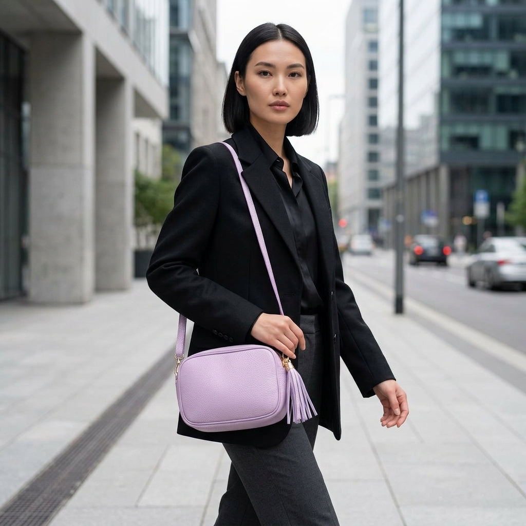 A woman with straight black hair, wearing a black blazer and gray pants, walks confidently on a city sidewalk carrying a handcrafted in Italy women’s crossbody bag. Modern buildings and a street are visible in the background.