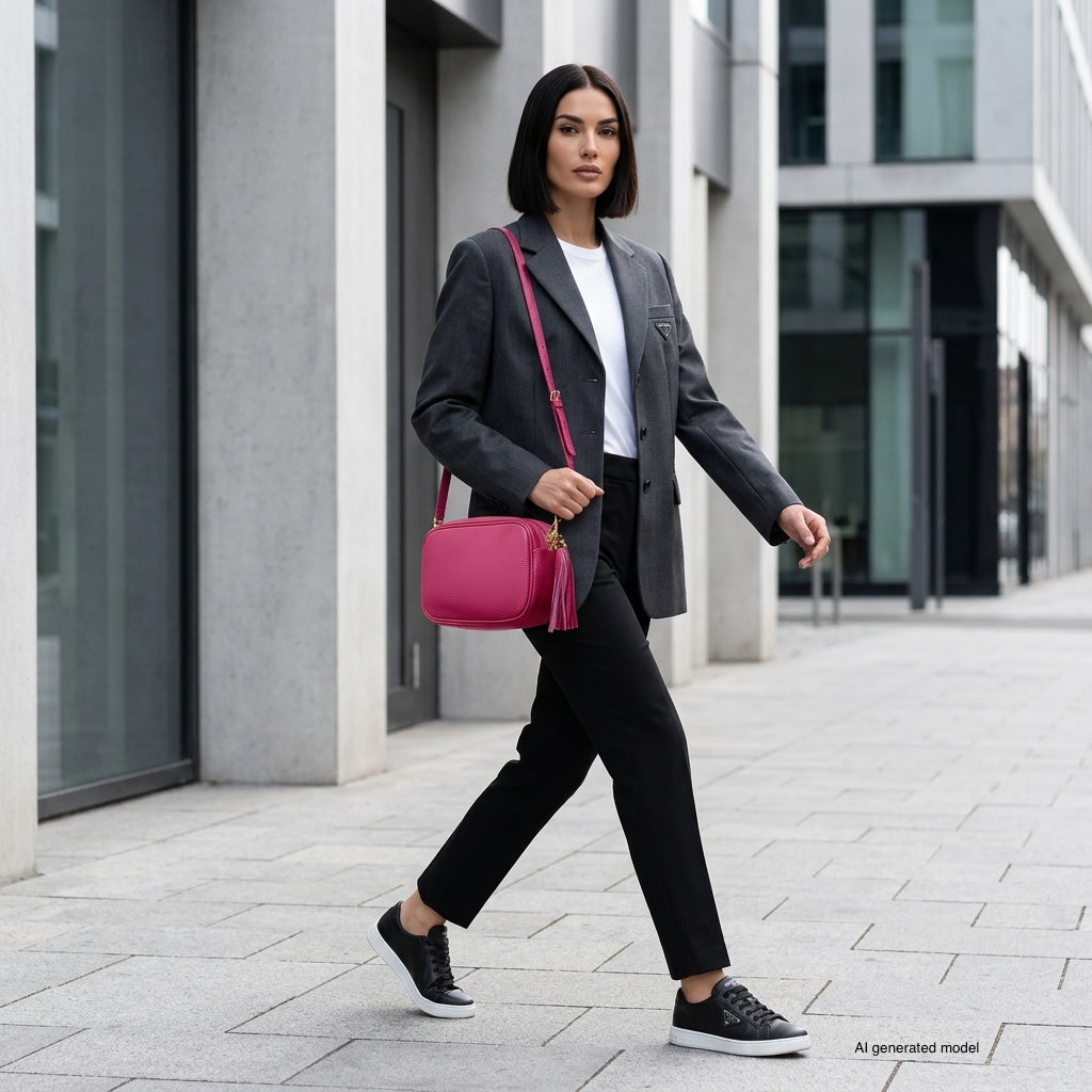 A woman with a sleek bob haircut walks confidently on a city sidewalk, carrying an Italian leather crossbody bag. She wears a gray blazer, white shirt, black pants, and black sneakers. Modern glass buildings line the street.