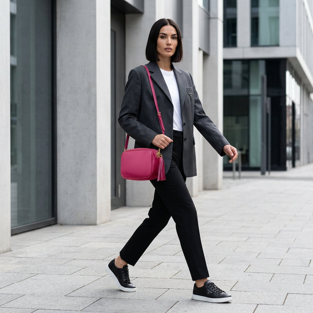 A woman with a straight bob haircut walks confidently outdoors, wearing a gray blazer, white shirt, black pants, black sneakers, and carrying a bright pink women’s crossbody bag handcrafted in Italy. Modern office buildings are in the background.