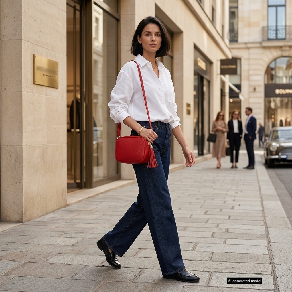 A woman in a white blouse, blue jeans, and black shoes walks on a stylish city sidewalk, carrying an Italian leather crossbody bag. Storefronts and a few people are visible in the background.