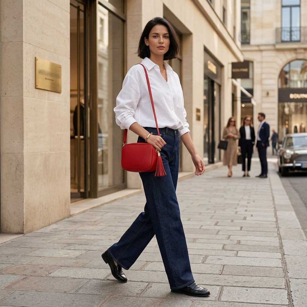A woman in a white shirt, blue jeans, and black shoes walks on a city sidewalk, carrying a striking women’s crossbody bag handcrafted in Italy from luxurious Italian calf leather. Elegant buildings and a few people frame the lively urban scene.