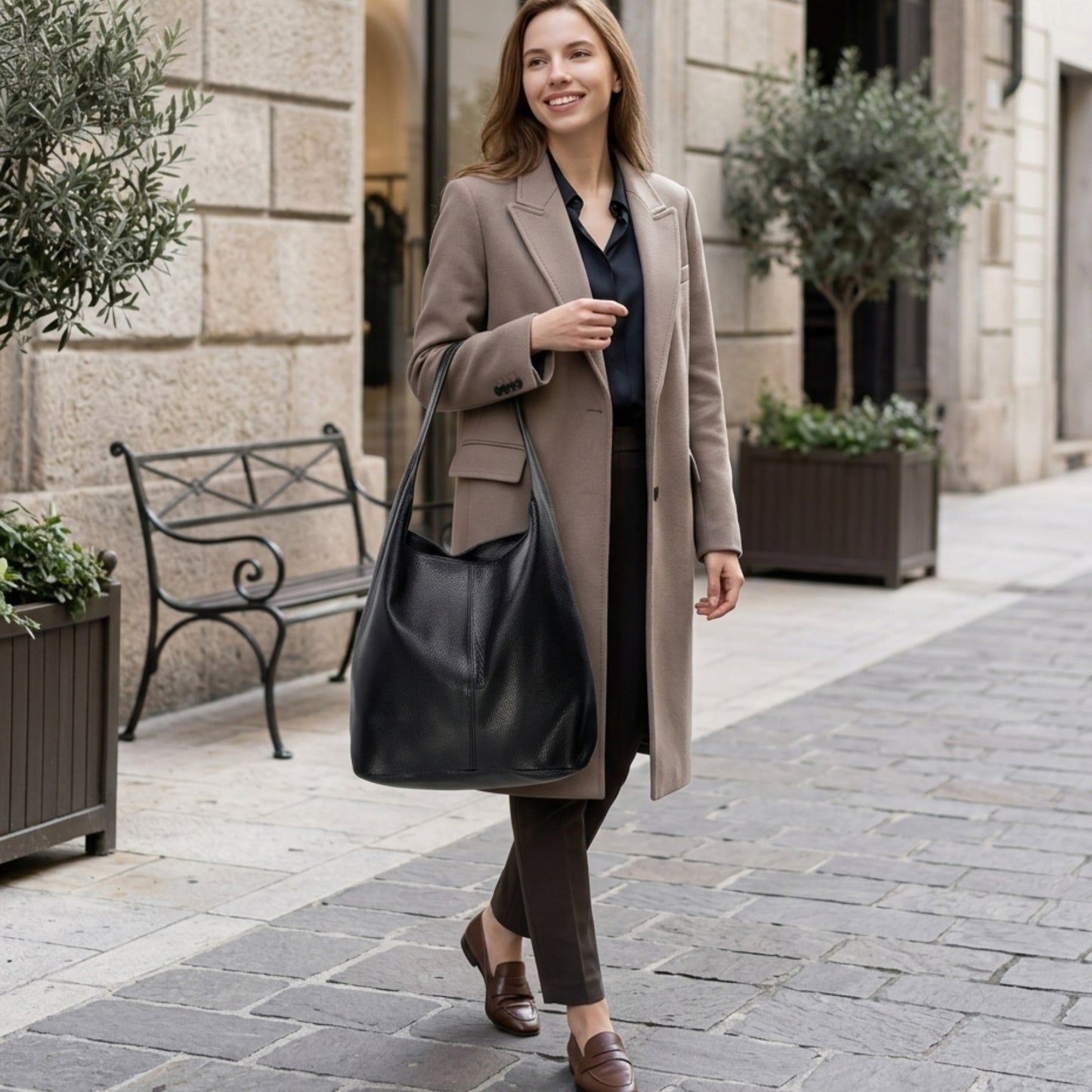 A woman in a taupe coat, black top, and brown loafers walks on a cobblestone street carrying an elegant Italian hobo bag in genuine calf leather, smiling. Potted plants and a bench are visible in the background.