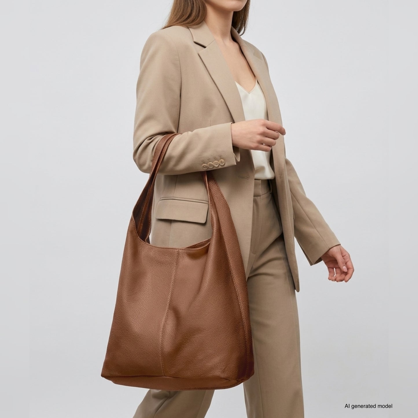 A woman in a beige suit and cream blouse carries a large Italian leather hobo bag over her shoulder, walking against a plain light background.