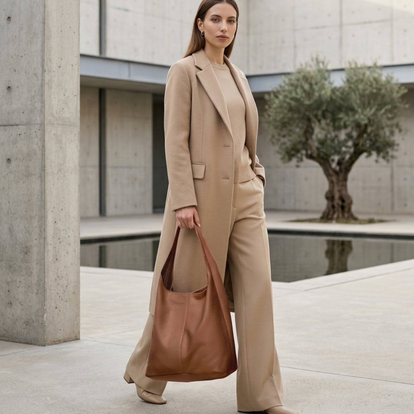 A woman in a beige coat and trousers walks in a modern outdoor space with concrete walls, a reflecting pool, and an olive tree, carrying a women's spacious calfskin bag and looking confidently ahead.