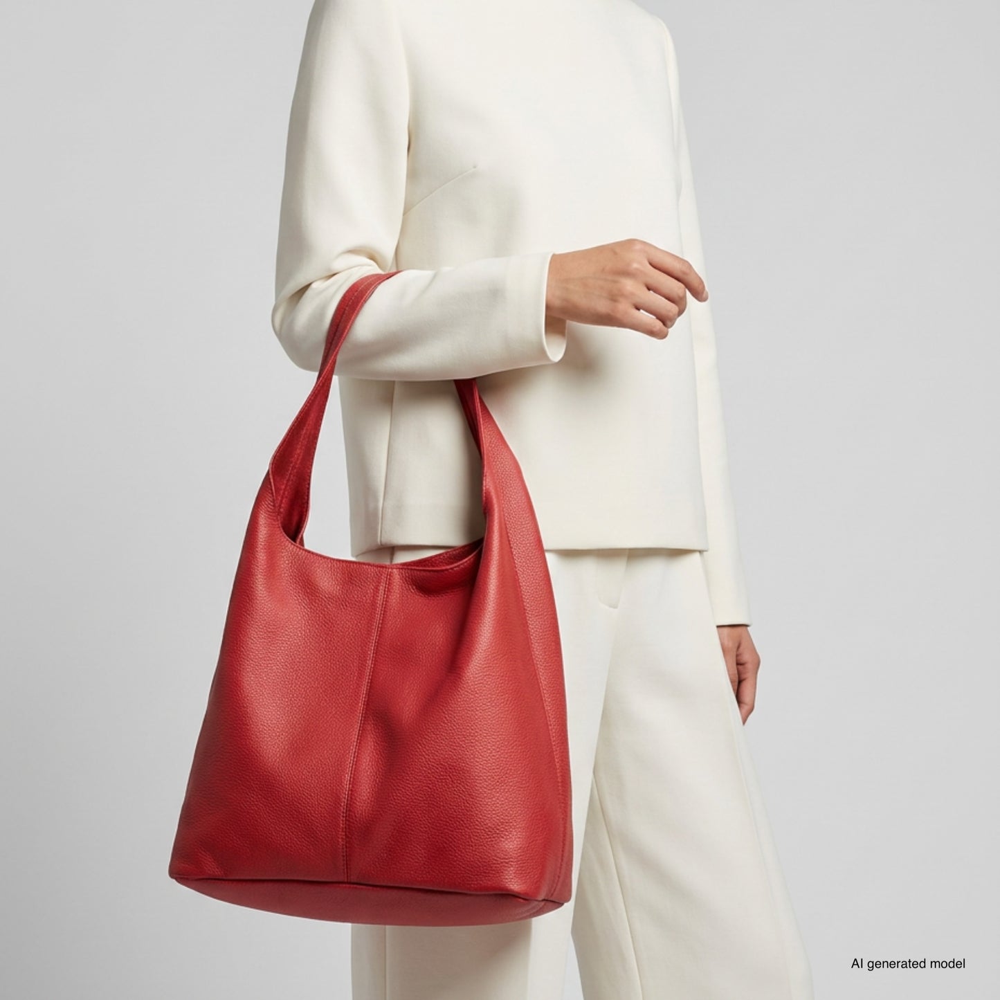 A person wearing an off-white long-sleeve top and pants holds a large, slouchy Italian leather hobo bag handmade in Italy over their shoulder. The background is plain and light gray.