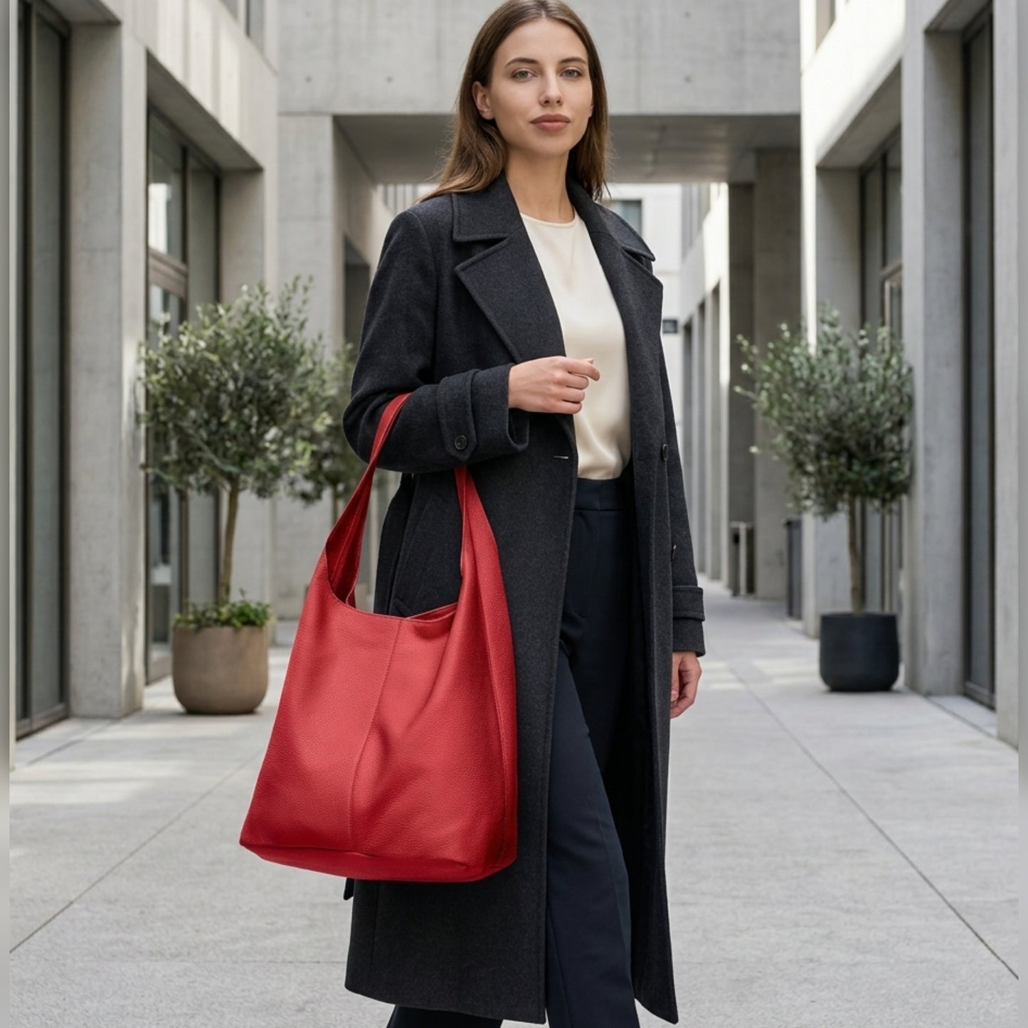 A woman wearing a dark coat and cream blouse stands outdoors in a modern, urban area, carrying a large Italian leather hobo bag over her shoulder.