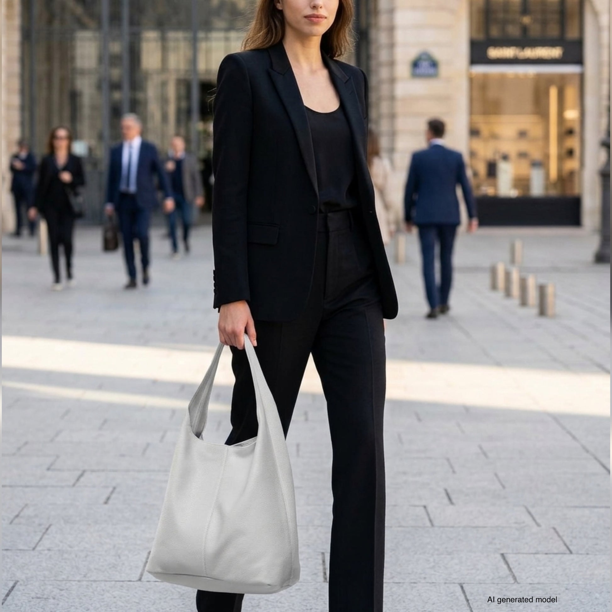 A woman in a black suit walks confidently on a city street, carrying a stylish Italian leather hobo bag, with people and buildings in the background.