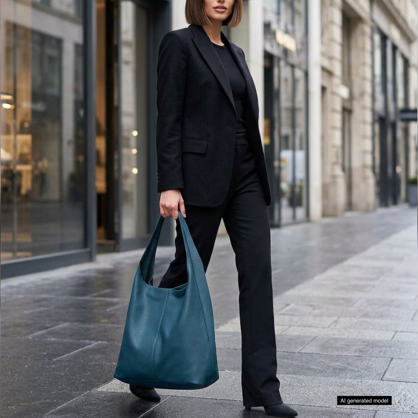 A woman in a black suit and shoes stands on a city sidewalk, holding an Italian leather hobo bag. She has a straight bob haircut, and the street is lined with modern buildings.