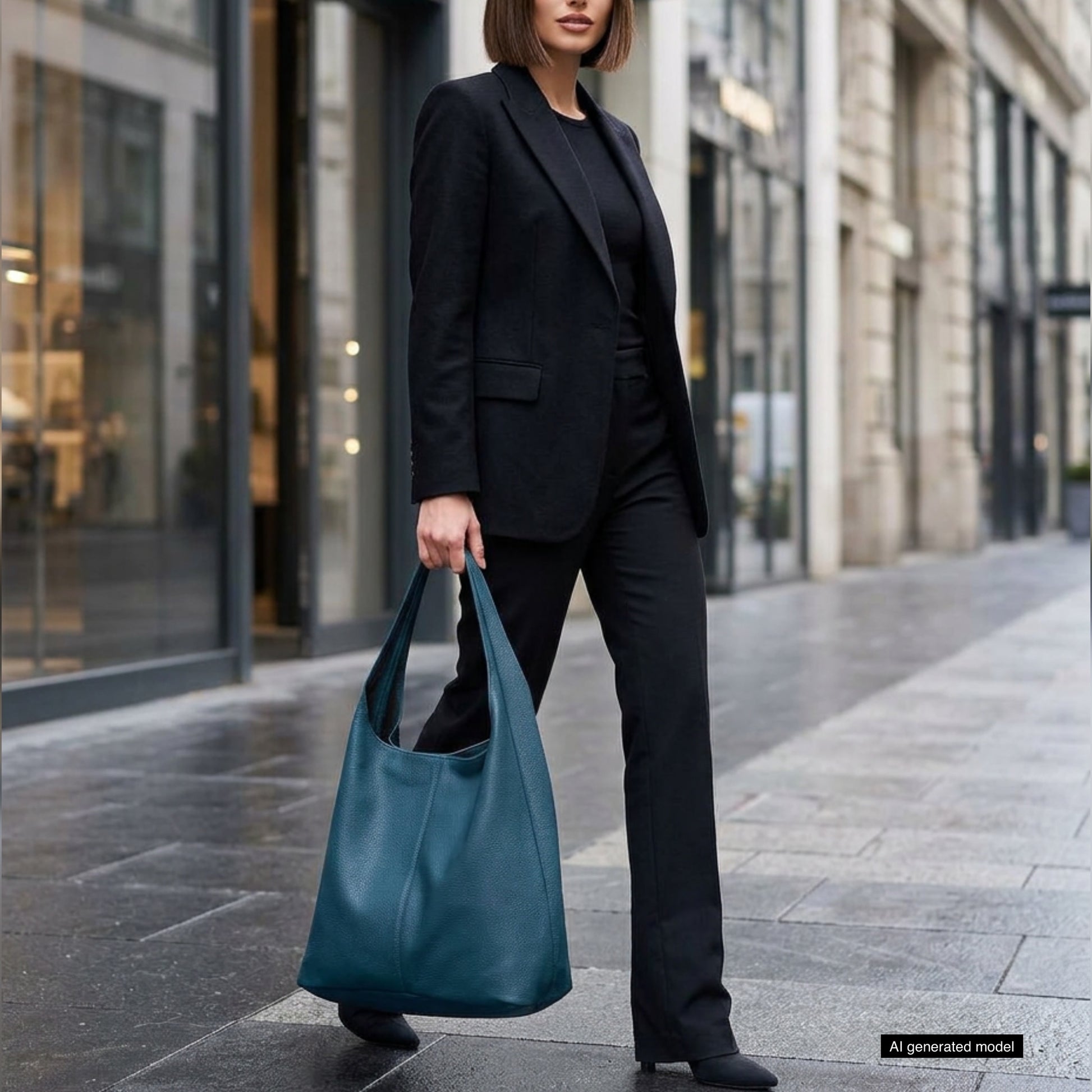 A woman in a black suit and shoes stands on a city sidewalk, holding an Italian leather hobo bag. She has a straight bob haircut, and the street is lined with modern buildings.