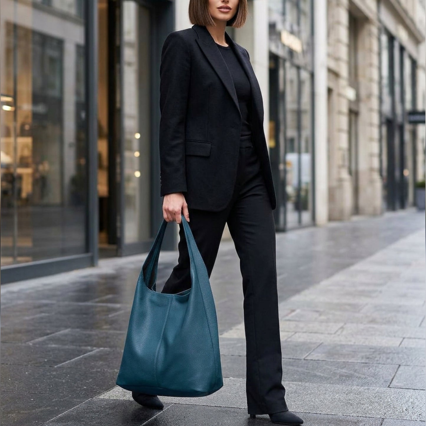 A woman in a black suit and shoes stands on a city sidewalk, holding a large teal Italian hobo bag. The background features modern buildings with glass windows.