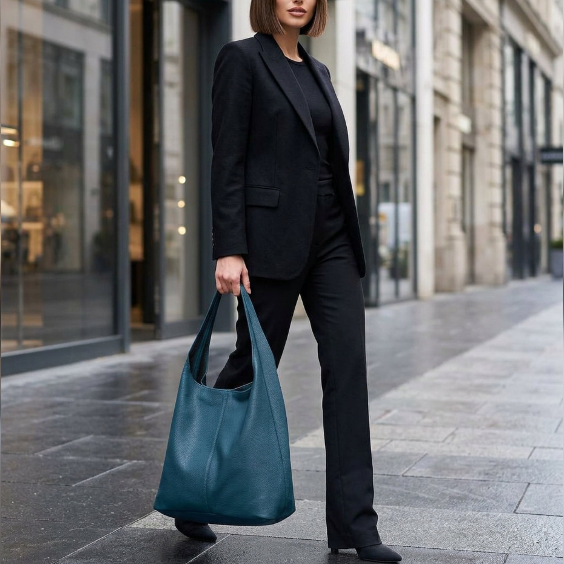 A woman in a black suit and shoes stands on a city sidewalk, holding a large teal Italian hobo bag. The background features modern buildings with glass windows.
