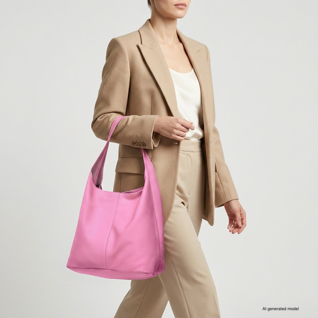 A woman wearing a beige blazer and pants with a white top carries a large pink Italian leather hobo bag, handmade in Italy, on her shoulder. The background is plain and light-colored.