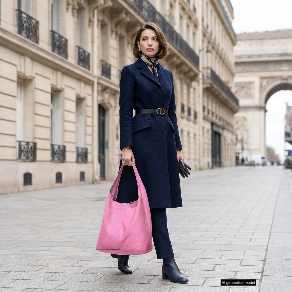 A woman in a navy coat and gloves stands on a Parisian street, carrying an Italian leather hobo bag in pink. She wears ankle boots and a scarf, with the Arc de Triomphe visible in the background.