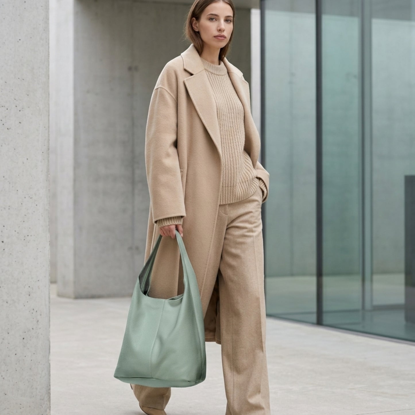 A woman in a beige coat, sweater, and pants stands in a modern, minimalist concrete setting, holding a large light green genuine calf leather Italian hobo bag.