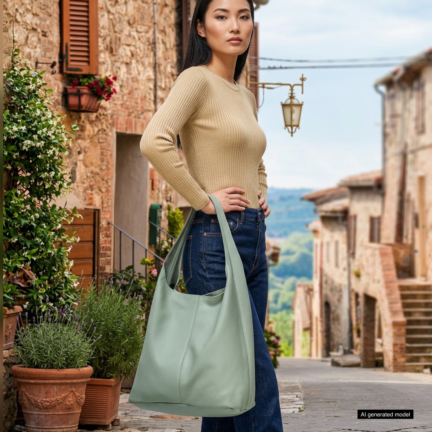A woman with long dark hair, in a beige sweater and jeans, stands on a cobblestone street in a rustic village, holding an Italian leather hobo bag. Potted plants and old stone buildings line the charming street.