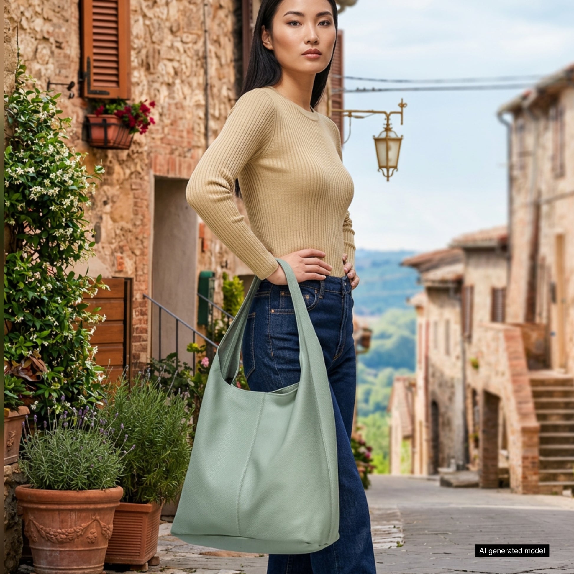 A woman with long dark hair, in a beige sweater and jeans, stands on a cobblestone street in a rustic village, holding an Italian leather hobo bag. Potted plants and old stone buildings line the charming street.