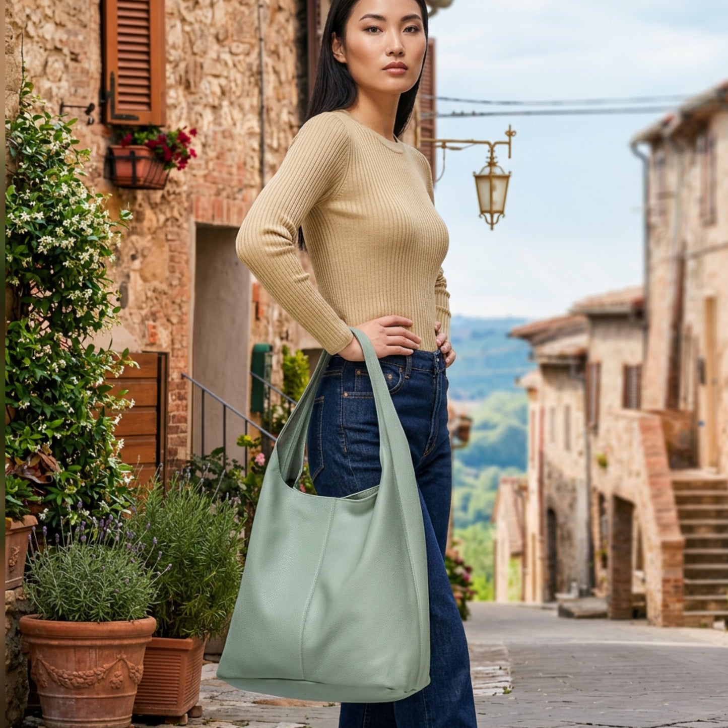 A woman in a beige sweater and blue jeans stands outdoors on a stone street with potted plants, carrying an Italian hobo bag over her shoulder. Rustic buildings and distant greenery are visible in the background.