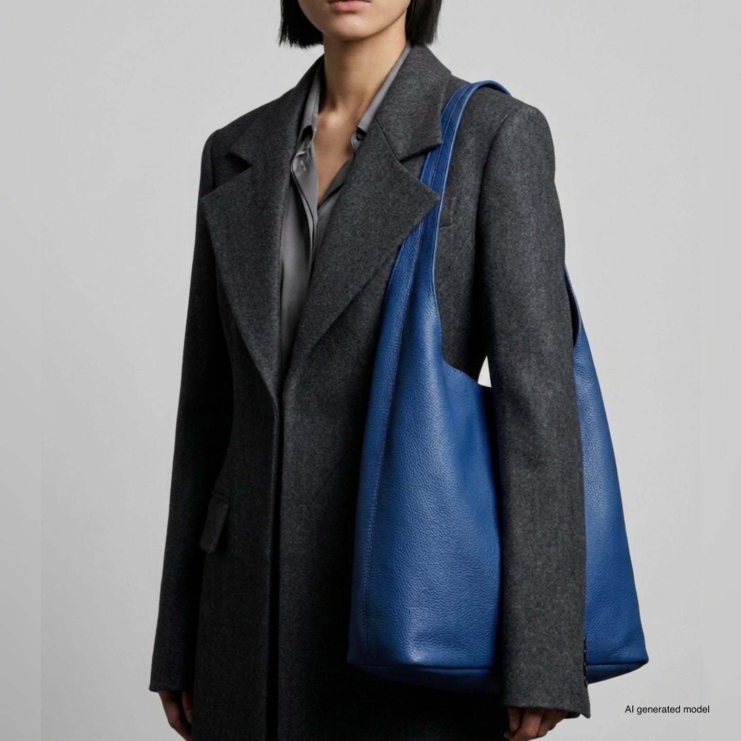 A person in a dark gray coat and gray shirt carries a large, blue Italian leather hobo bag. The image is minimalistic, with a plain light background, showcasing only the upper body.
