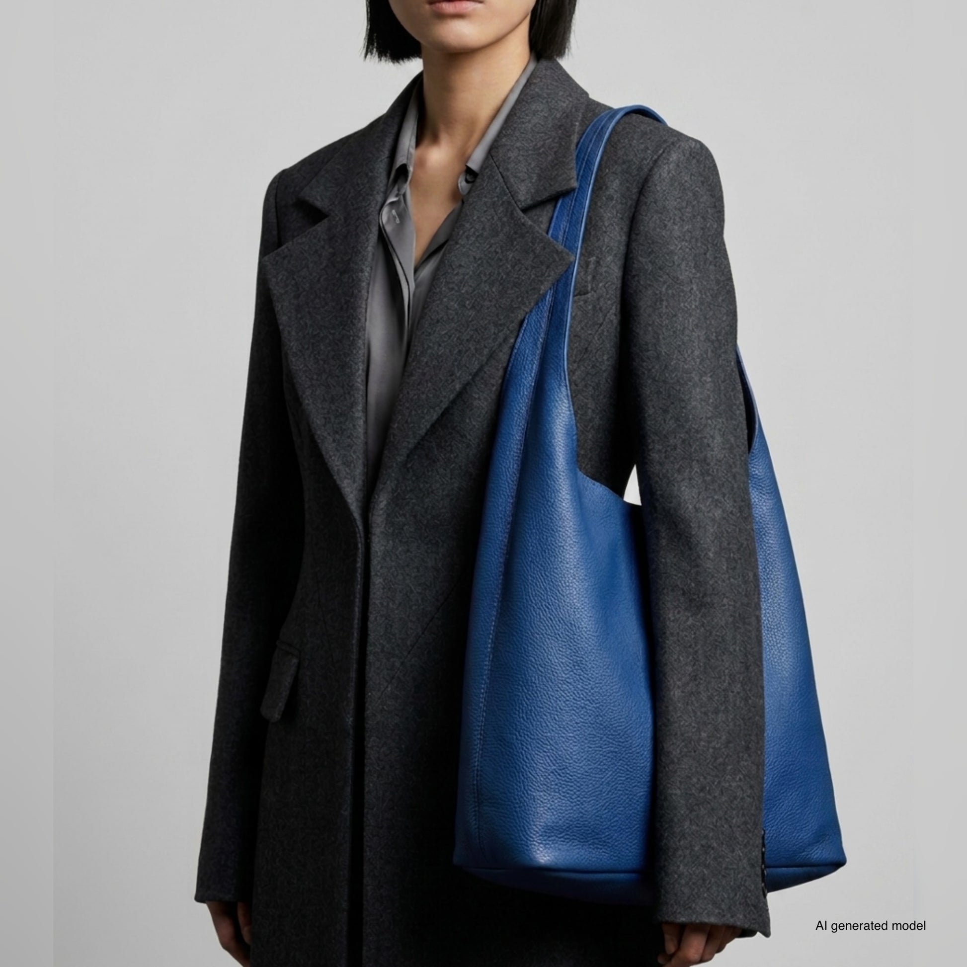 A person in a dark gray coat and gray shirt carries a large, blue Italian leather hobo bag. The image is minimalistic, with a plain light background, showcasing only the upper body.