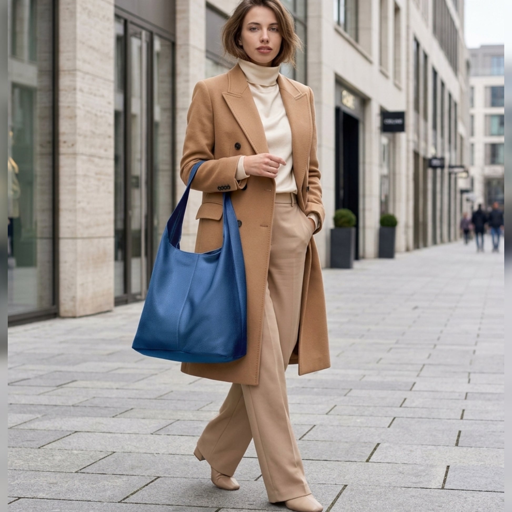 A woman in a beige suit and coat stands on a city sidewalk, carrying a stylish Italian hobo bag. She has short brown hair, wears neutral heels, and modern buildings line the street behind her.