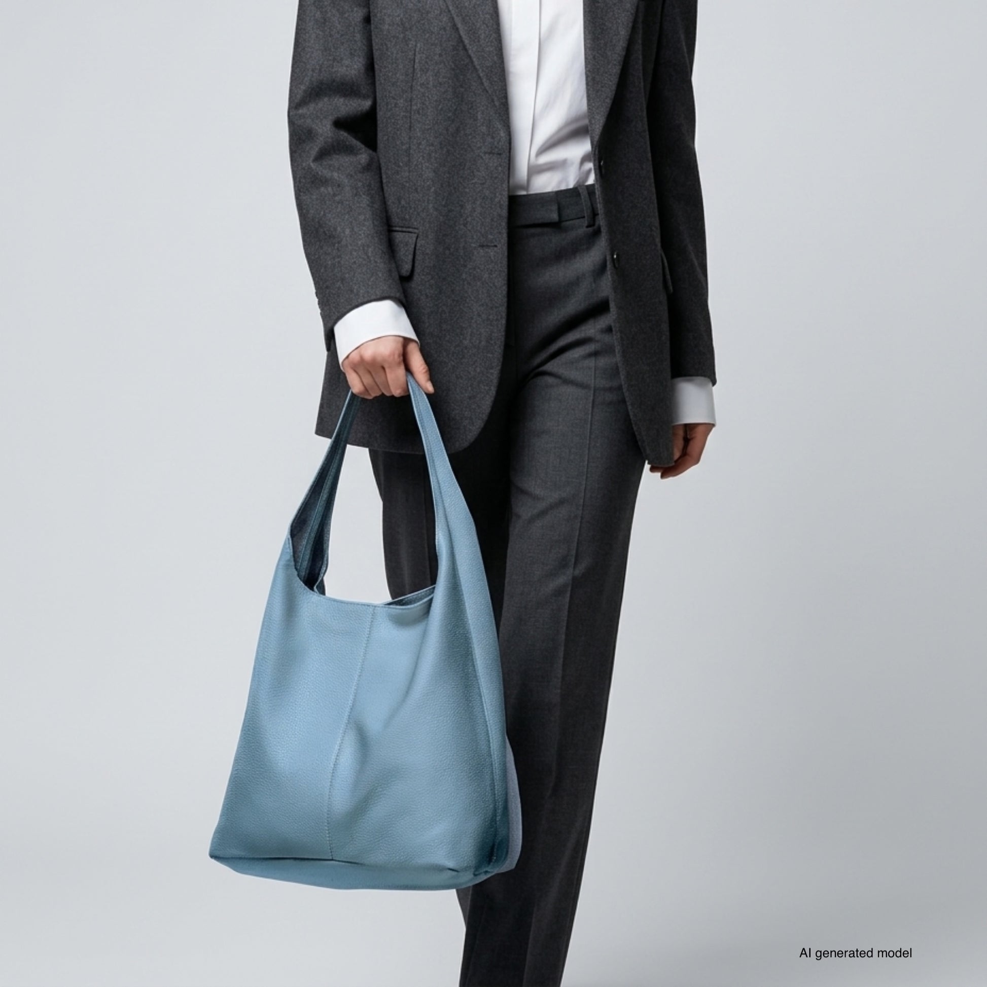 A person in a dark gray suit holds a large light blue Italian leather hobo bag, standing against a plain gray background. The image focuses on the outfit and purse, with the person's head out of frame.